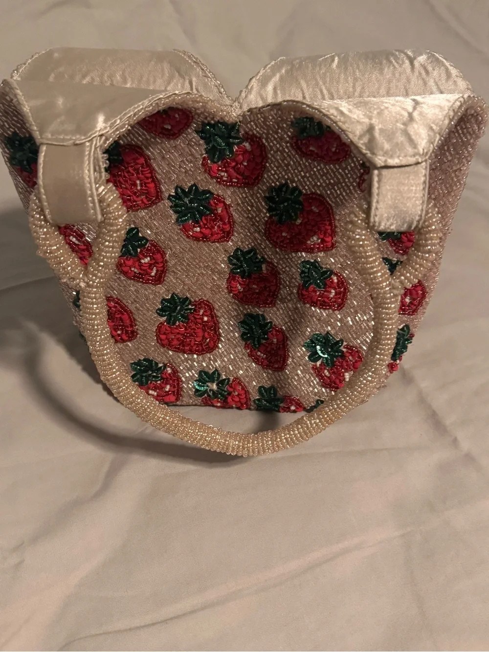 Handcrafted in India - Beaded Strawberry Shoulder Bag in Beige with Red Accents
